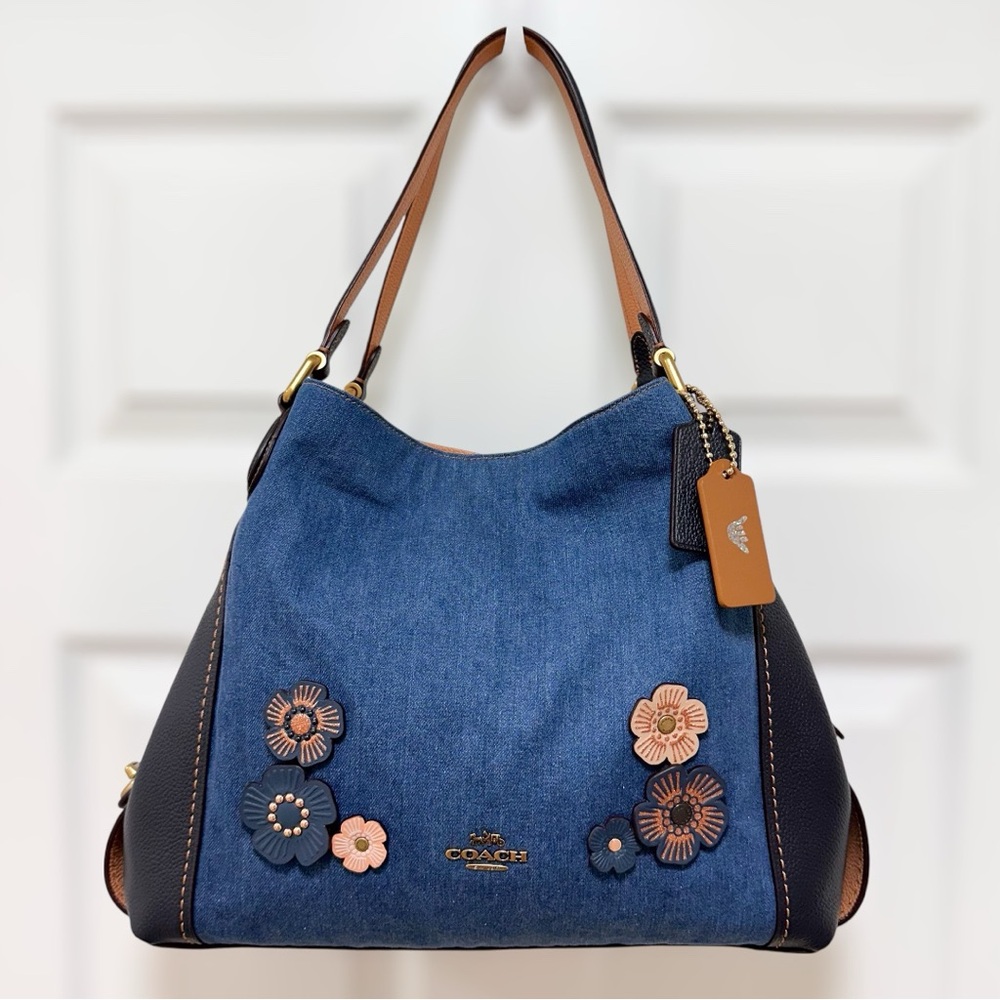 SOLD Coach Edie 31 Denim Tea Rose Appliqué Limited Edition Shoulder Bag